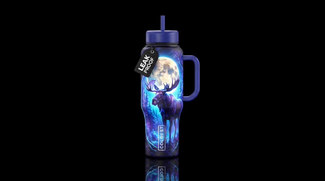 moose, harvest moon, glowie, realism, magical, ele... water bottle design