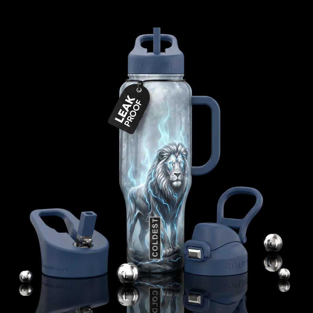 misty forest, silver, lion, glowie, magical, reali... water bottle design