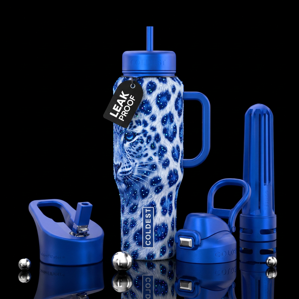 cobalt, snow leopard, glowie, magical, realism, el... water bottle design