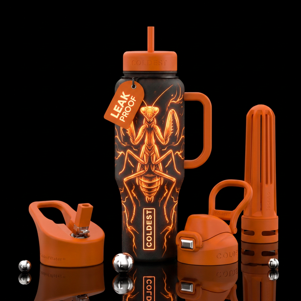 orange, glowie, mantis, magical, realism, electric water bottle design