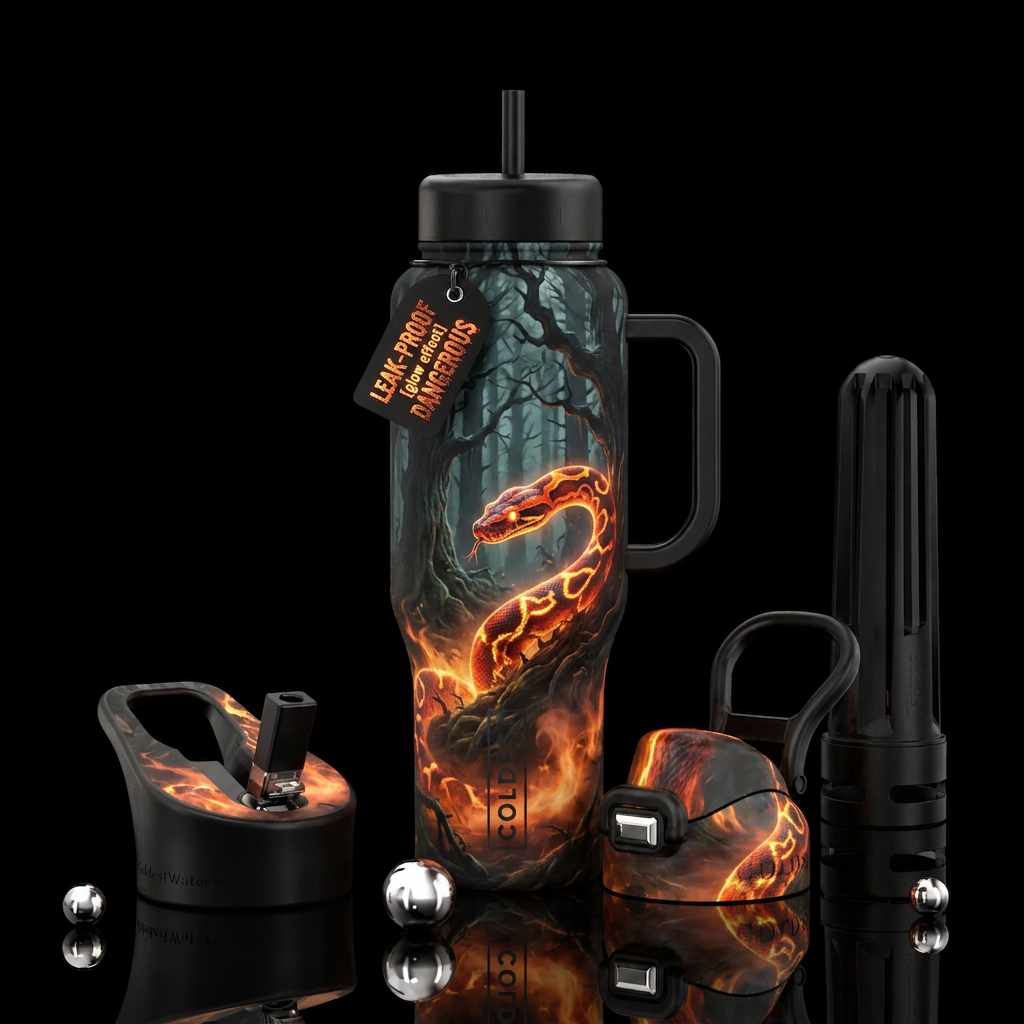 halloween, forest, snake, glowie, realism, firery,... water bottle design
