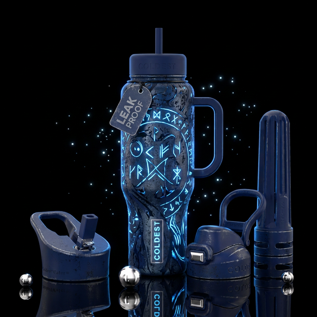 distressed, navy, glowie, realism, magical, whimsi... water bottle design