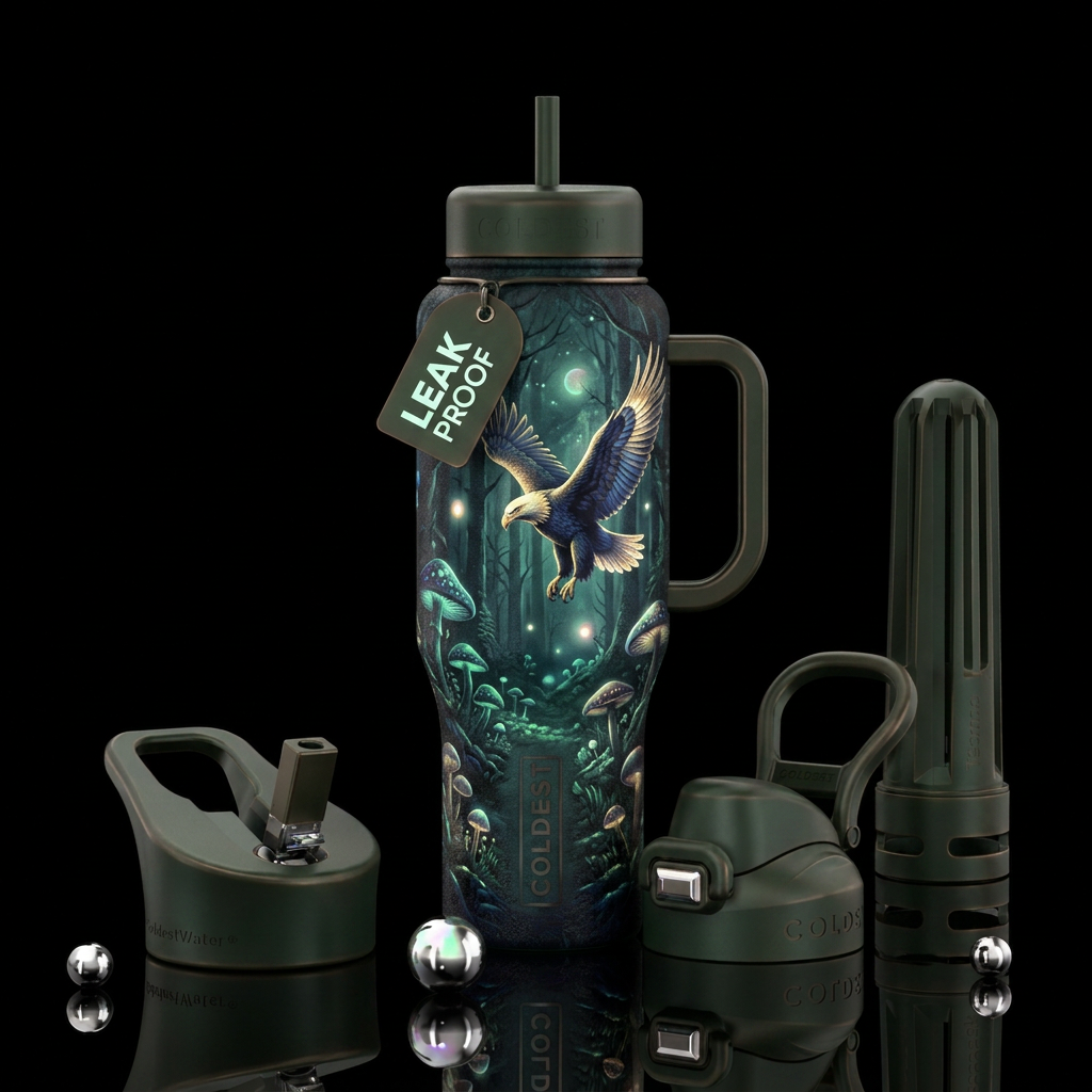 eagle, shimmer, forest, glowie, realism, dark mood... water bottle design