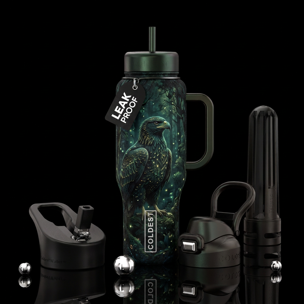 eagle, shimmer, forest, glowie, realism, dark mood... water bottle design