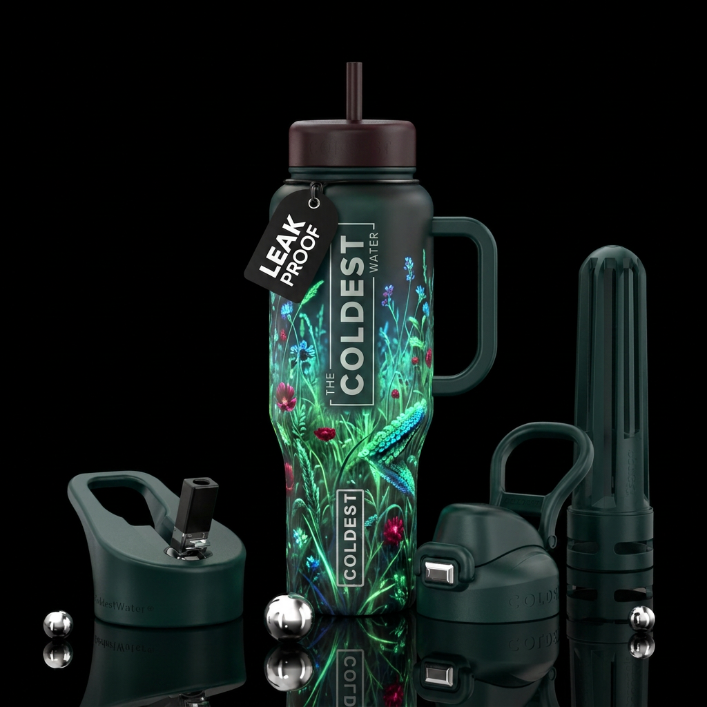 cherry, iguana, meadow, glowie, realism, darkness water bottle design