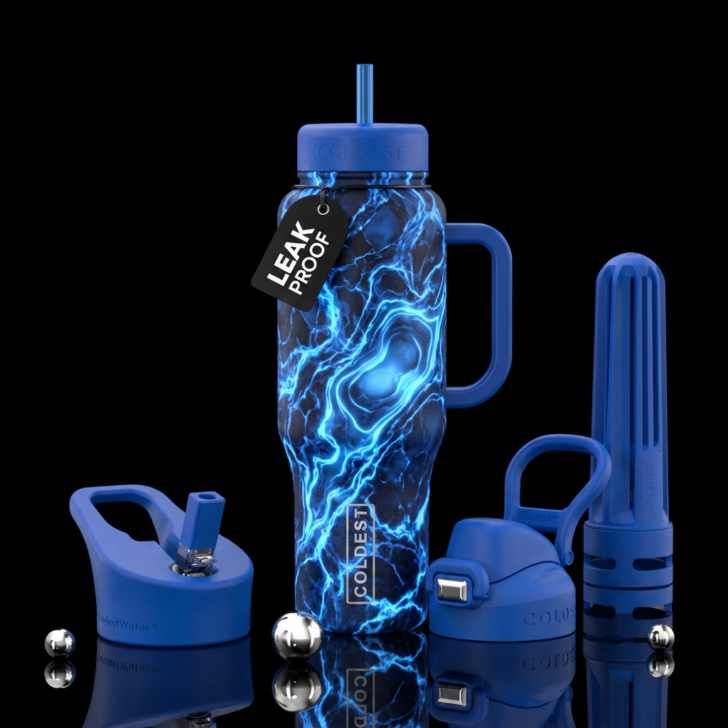 electric blue, valley, glowie,  marble water bottle design