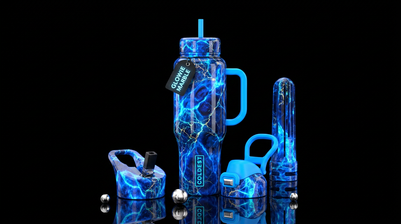 electric blue, valley, glowie,  marble water bottle design