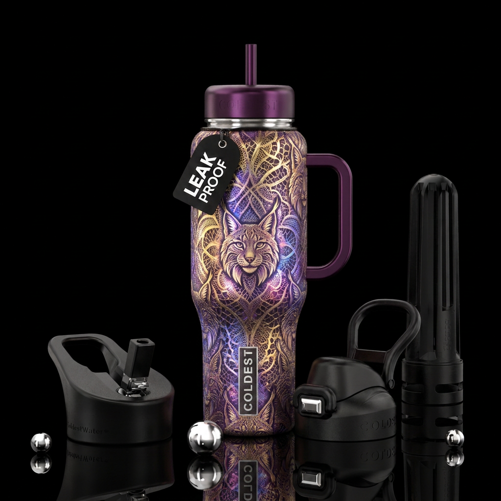 lace, lynx, metallic, glowie, magical, whimsical water bottle design