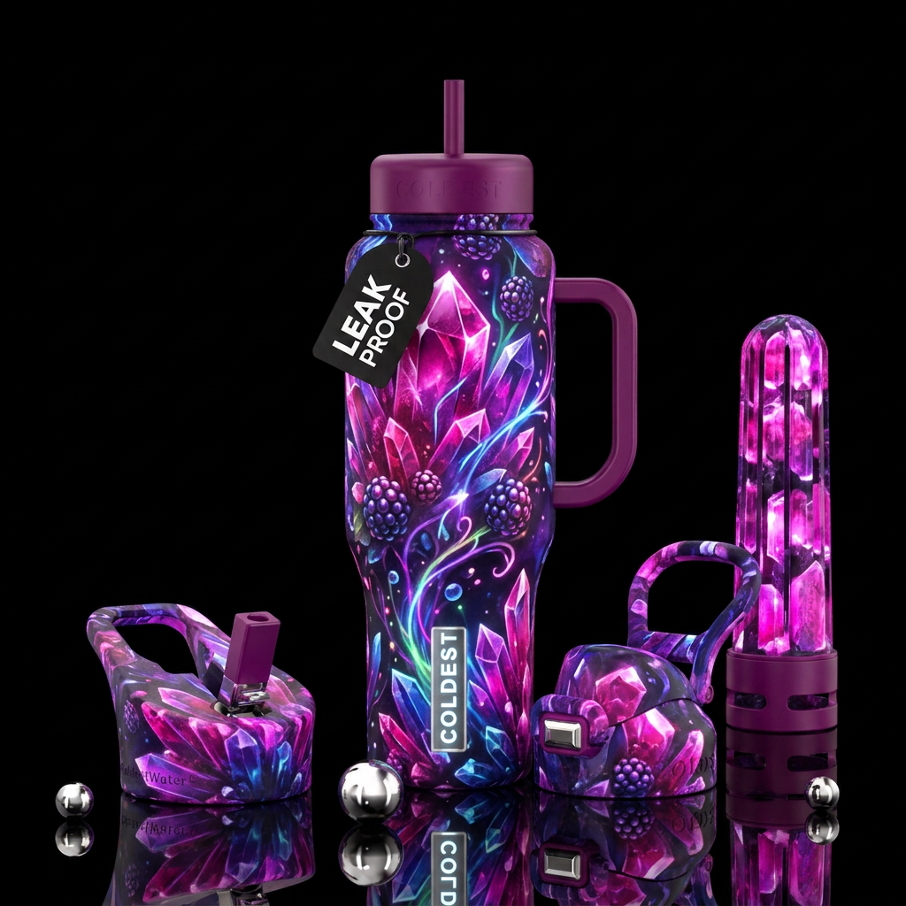 crystalline, blackberry, glowie, magical water bottle design