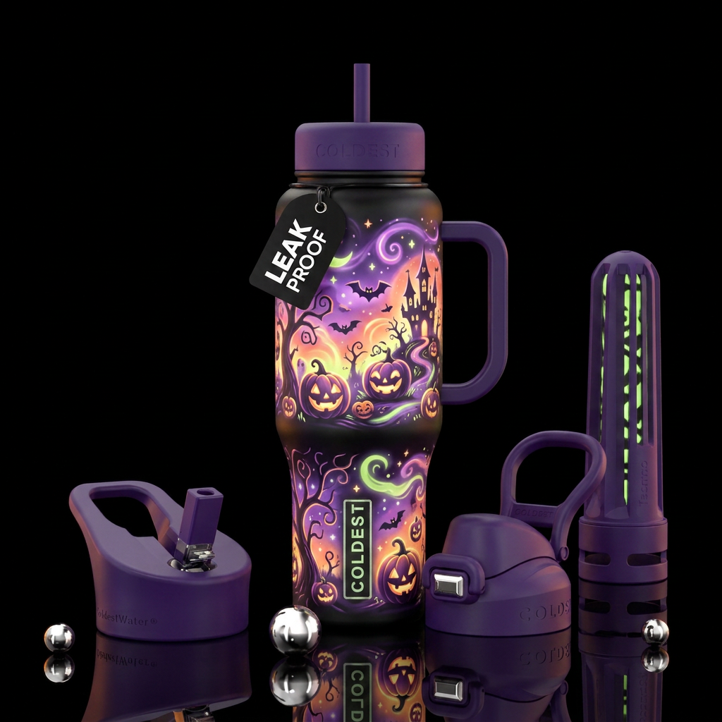 Halloween land, glowie, magical, whimsical water bottle design
