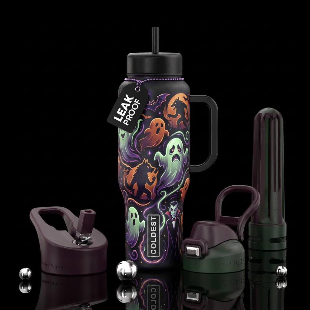 Halloween ghosts, bats, werewolves, vampire, glowi... water bottle design