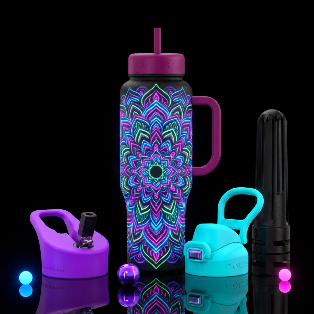 mysterious, mandala, neon water bottle design
