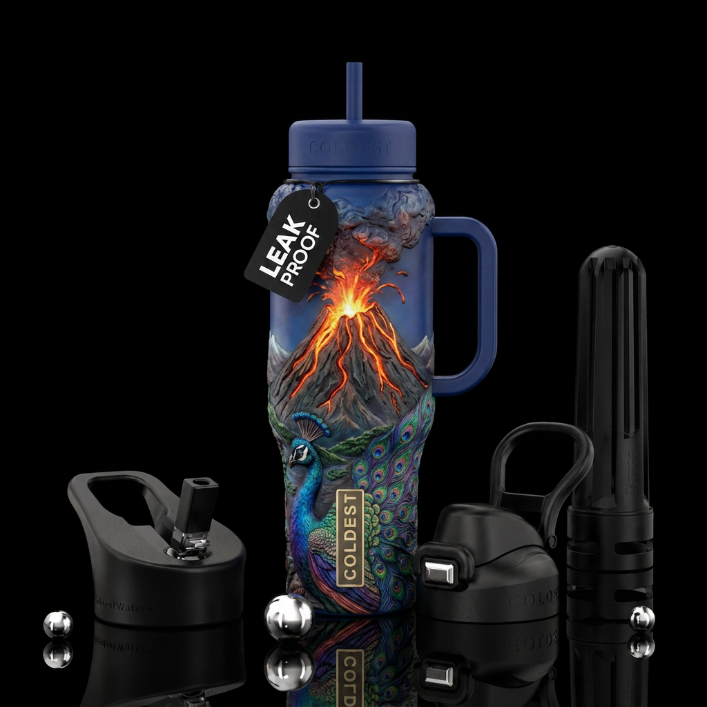 volcano, peacock water bottle design