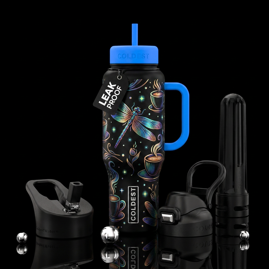 dragonfly, coffee, glowie water bottle design