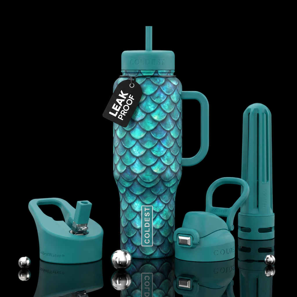 scales, teal, magical water bottle design