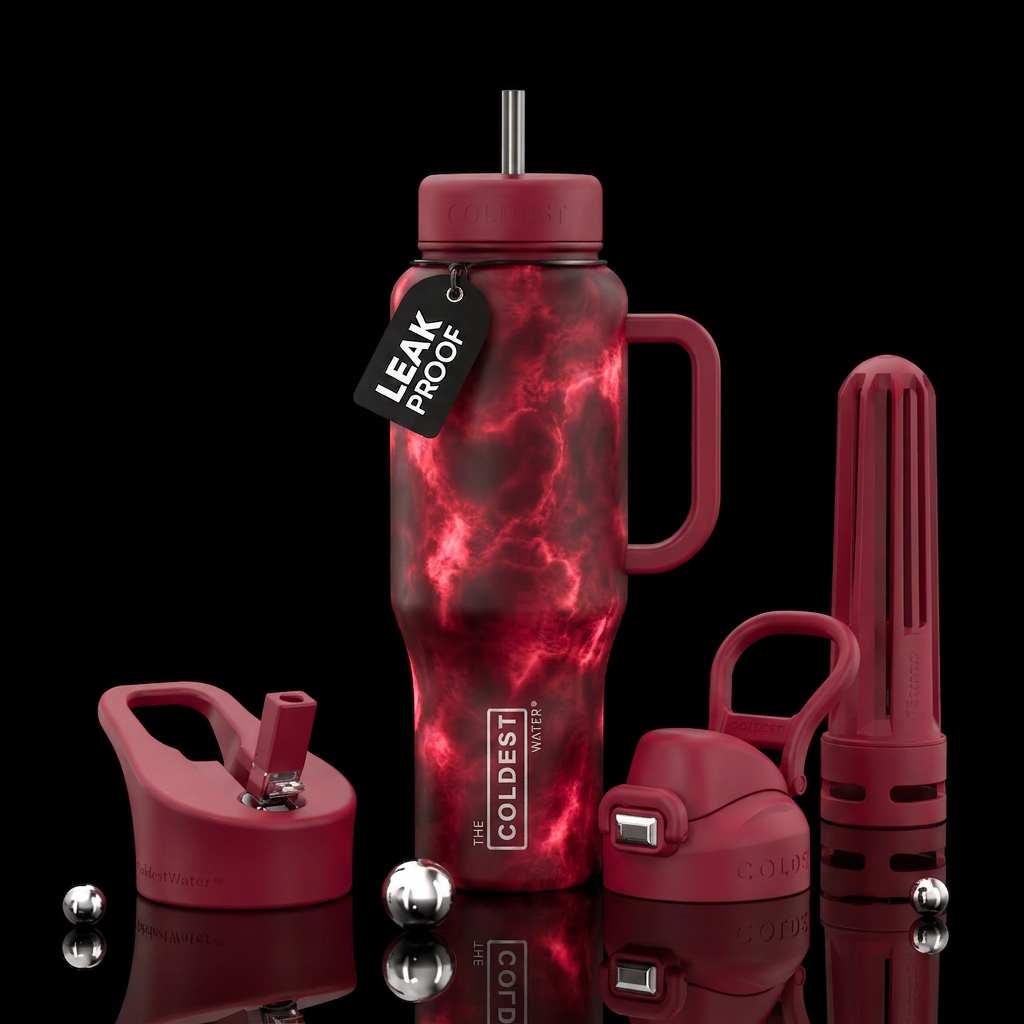 crimson, hot springs, glowie, realism, magical water bottle design
