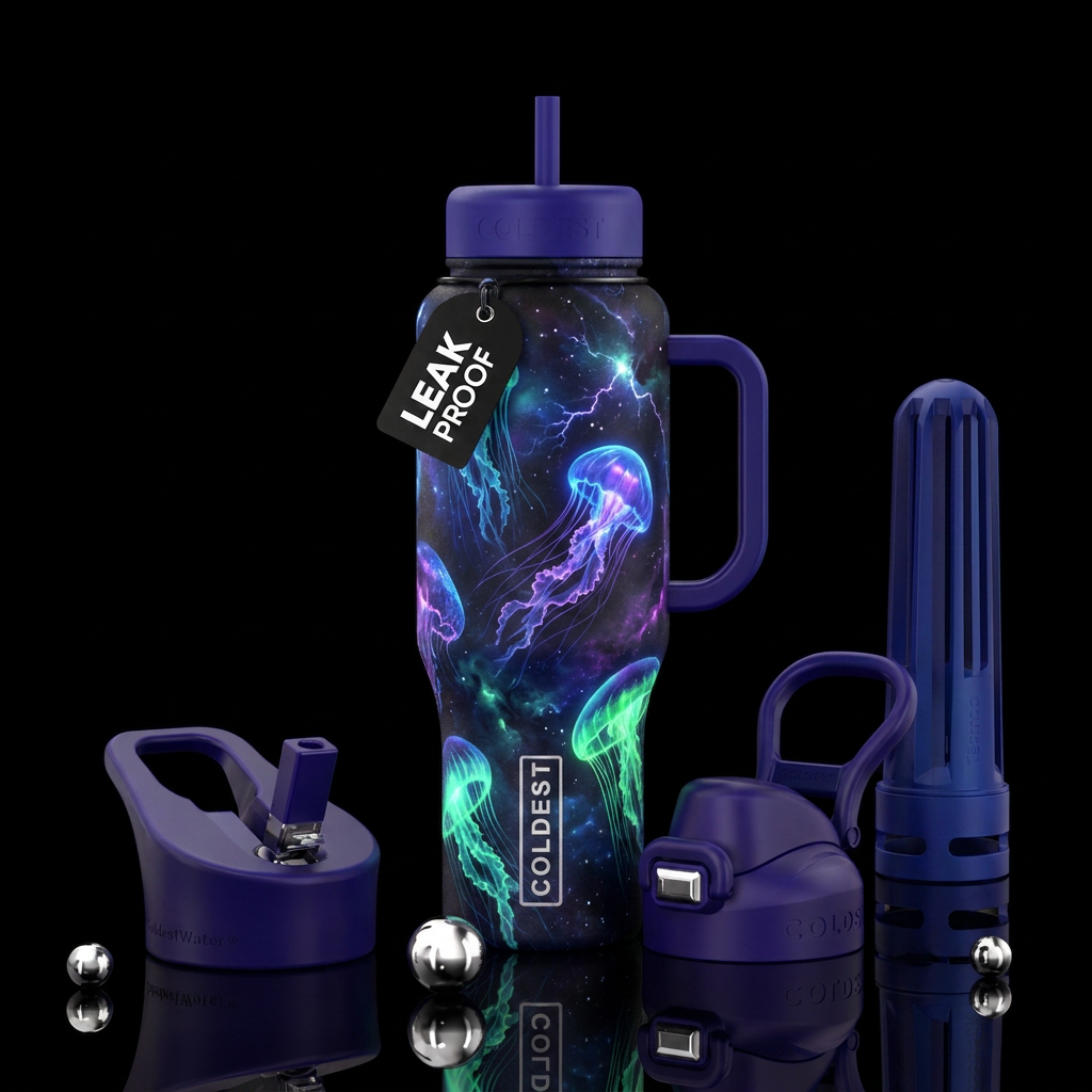 cosmic horror, jellyfish, glowie, scary, magical, ... water bottle design