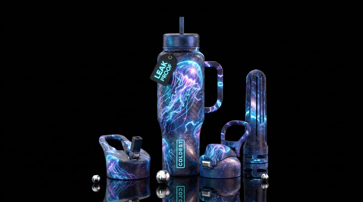 cosmic horror, jellyfish, glowie, scary, magical, ... water bottle design