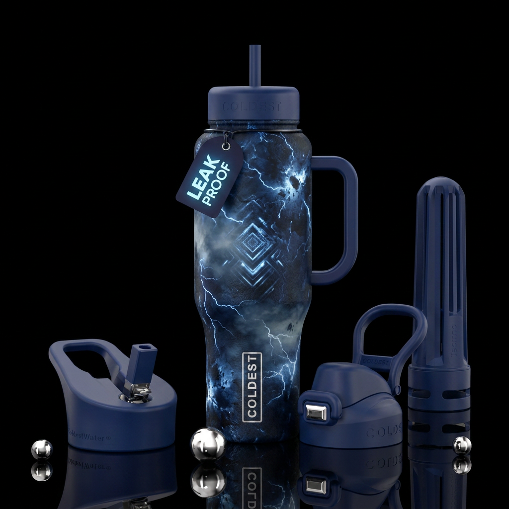 dark mood, explosive, electric, foggy morning, glo... water bottle design
