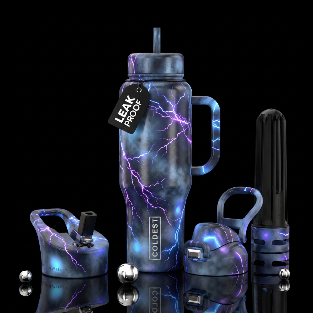 dark mood, explosive, electric, foggy morning, glo... water bottle design