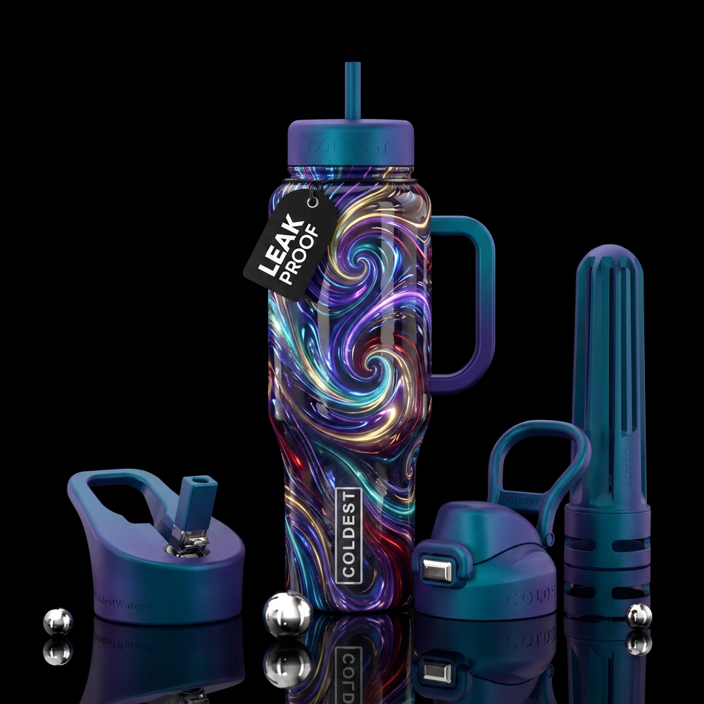 shiny, glowie, magical, swirls water bottle design
