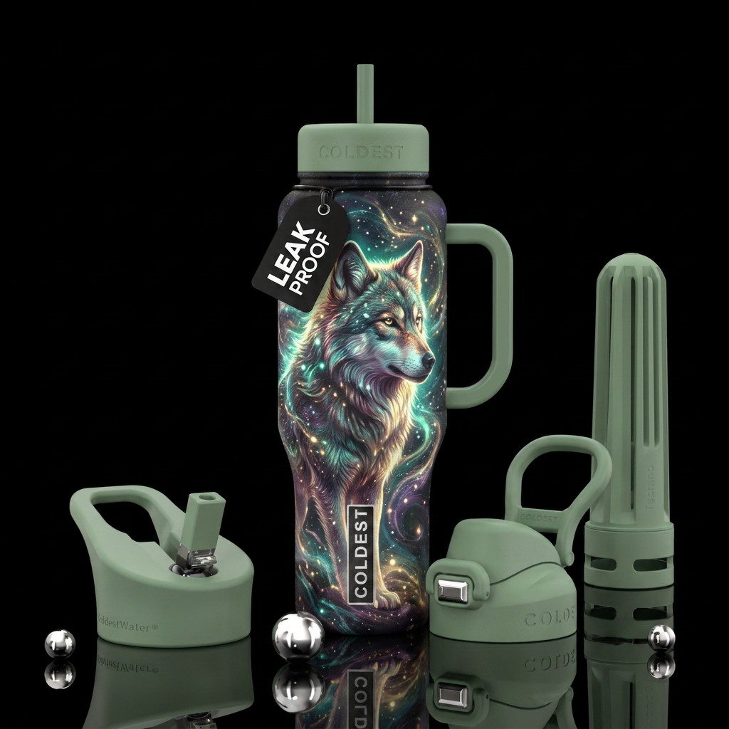 wolf, glowie, magical, realism, vibrant, calm, sag... water bottle design