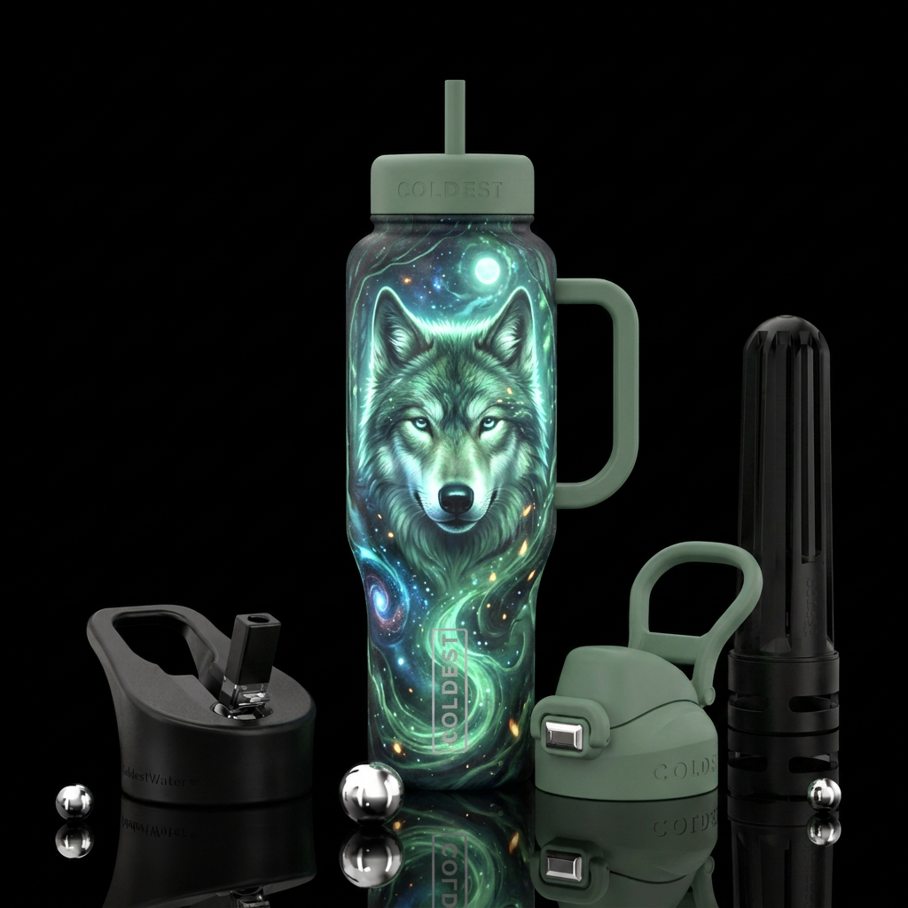 wolf, glowie, magical, realism, vibrant, calm, sag... water bottle design