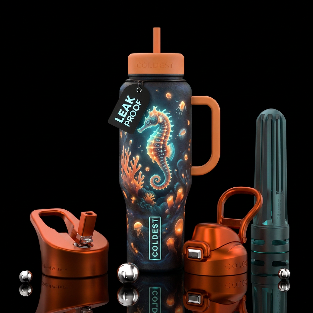 seahorse, tangerine, glowie, vibrant, magical, rea... water bottle design