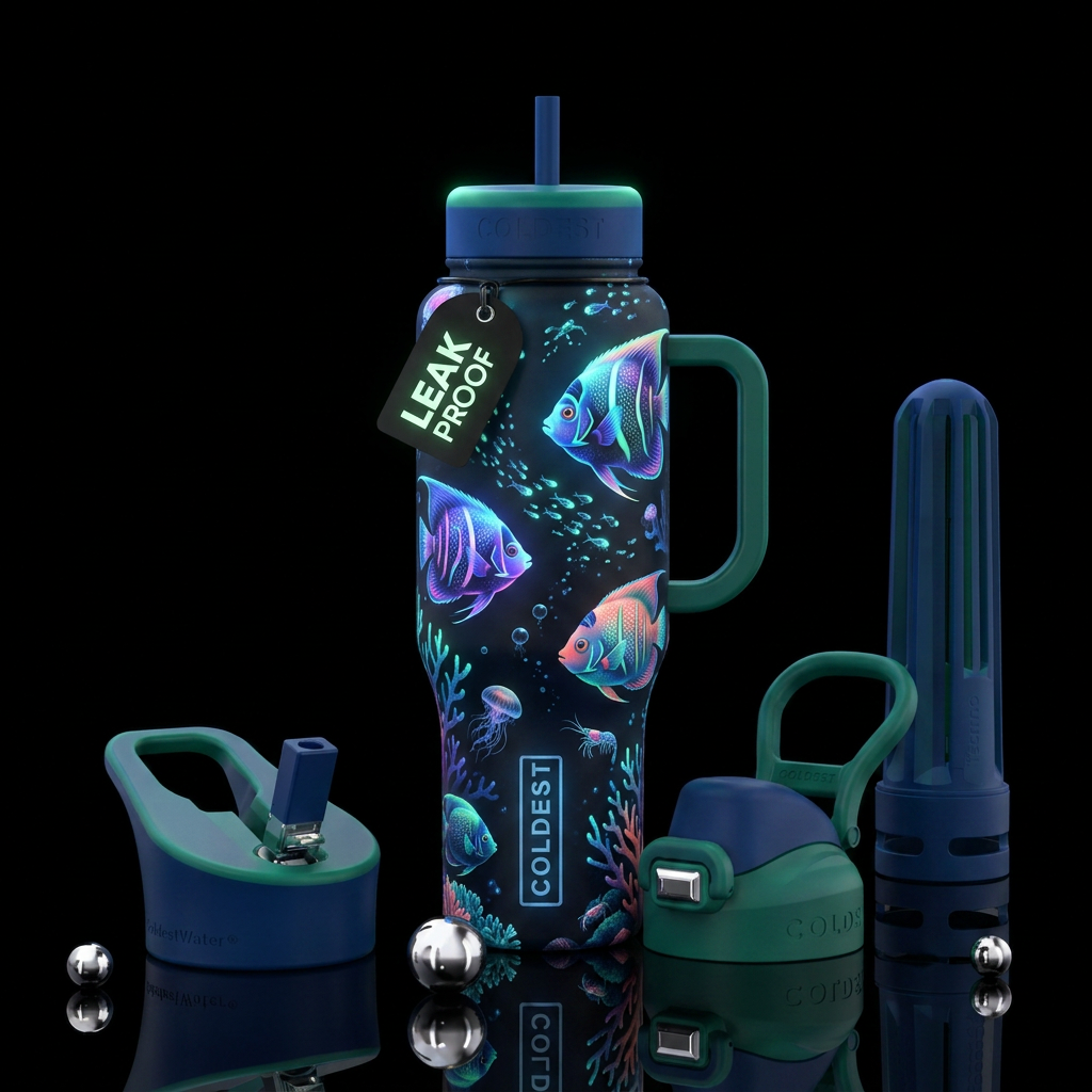 deep sea, angelfish, glowie, magical, vibrant, rea... water bottle design