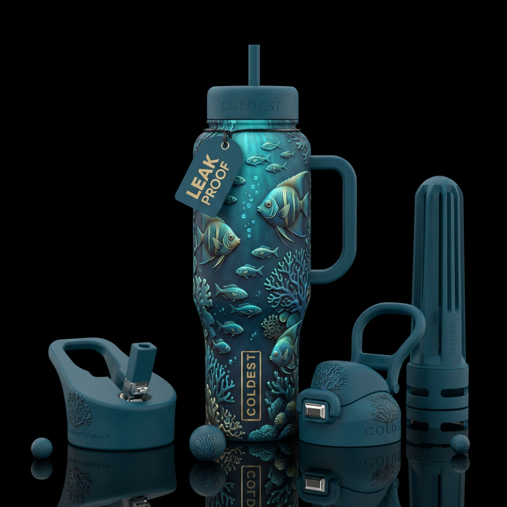 deep sea, angelfish, glowie, magical, vibrant, rea... water bottle design