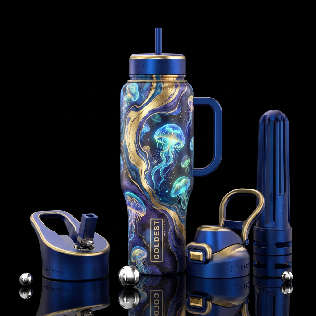 elegant, marble, glowie, jellyfish, gold water bottle design