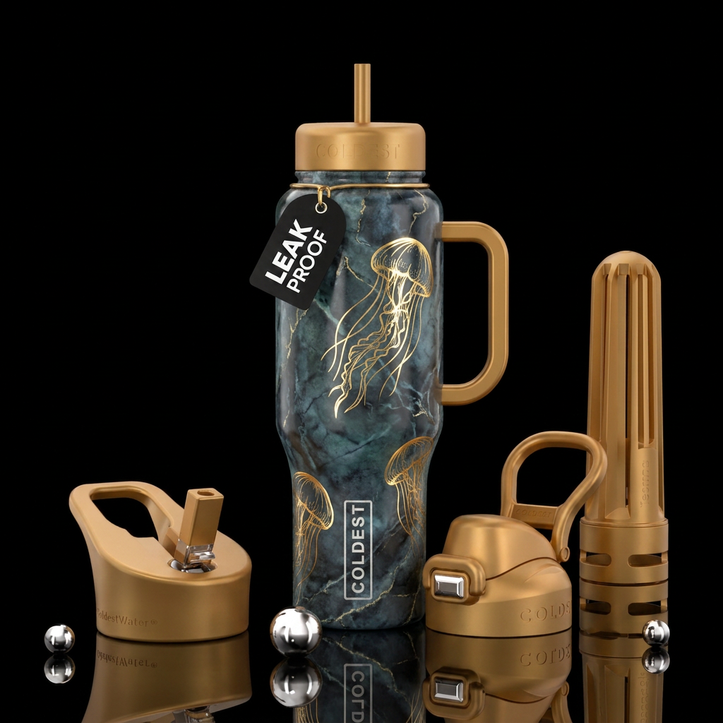 elegant, marble, glowie, jellyfish, gold water bottle design
