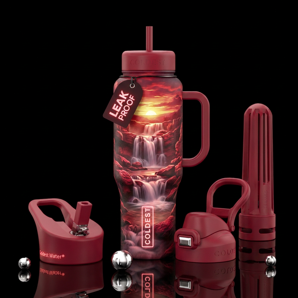crimson, glowie, vibrant, magical, realism, waterf... water bottle design
