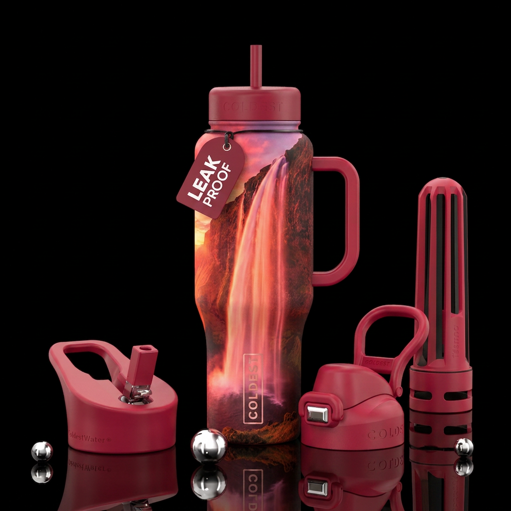 crimson, glowie, vibrant, magical, realism, waterf... water bottle design