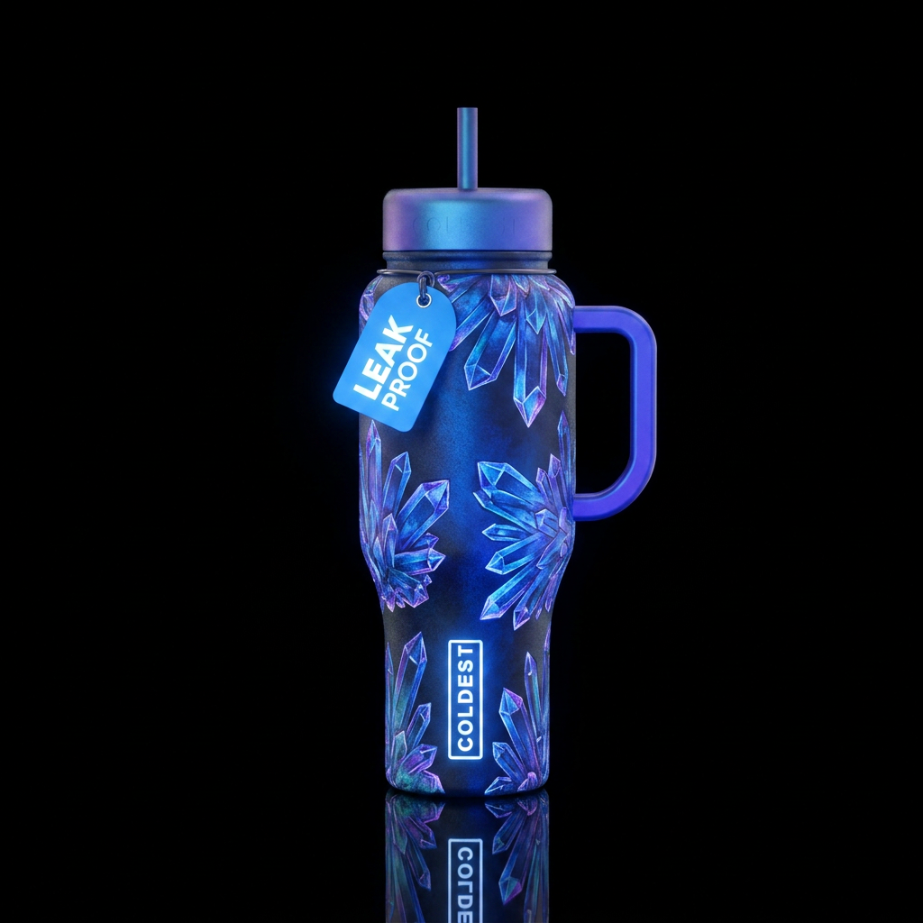 crystal, moonlit, glowie, vibrant, electric water bottle design