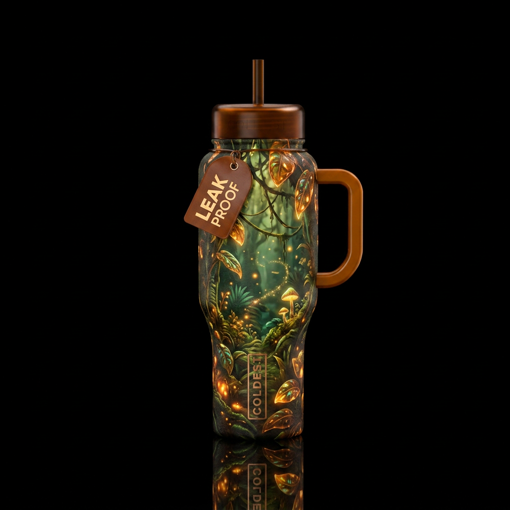 jungle, amber, glowie, magical, whimsical water bottle design