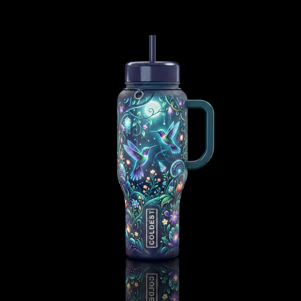 moonlit, hummingbird, enchanting, glowie, beautiul... water bottle design