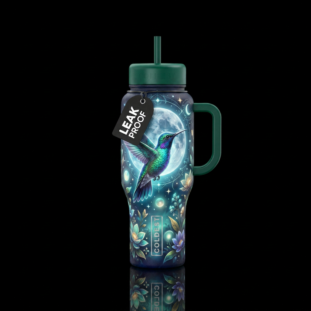 moonlit, hummingbird, enchanting, glowie, beautiul... water bottle design
