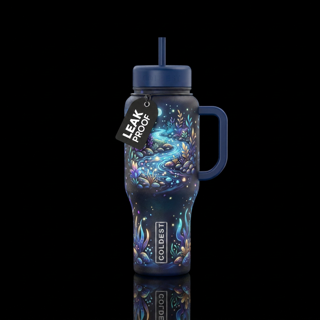 Monlit, glowie, gentle stream, magical, vibrant, w... water bottle design