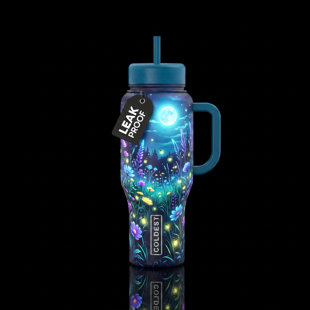 Moonlit, glowie, neon, vibrant, magical, summer ni... water bottle design