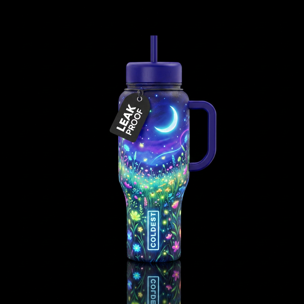 Moonlit, glowie, neon, vibrant, magical, summer ni... water bottle design