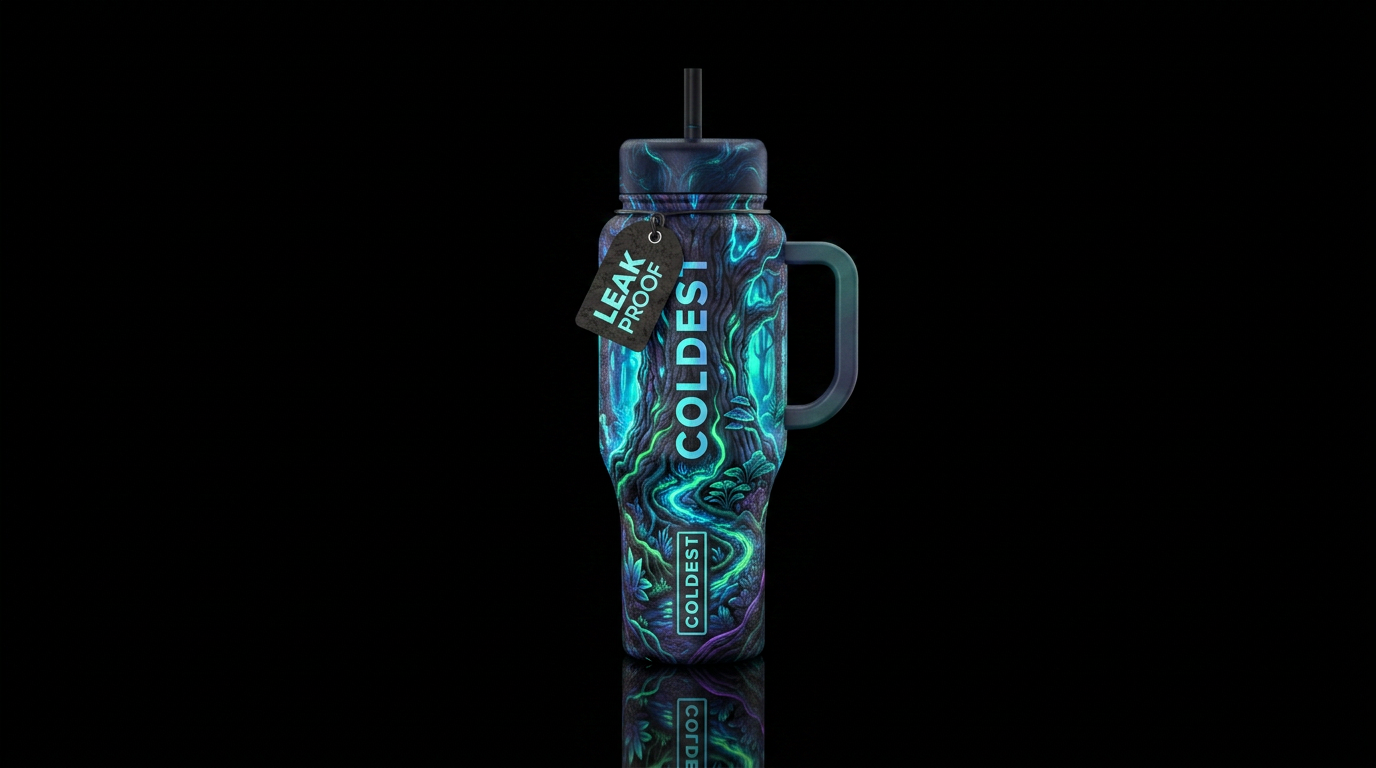 glowie, trees, luxurious, rustic, dark mood water bottle design