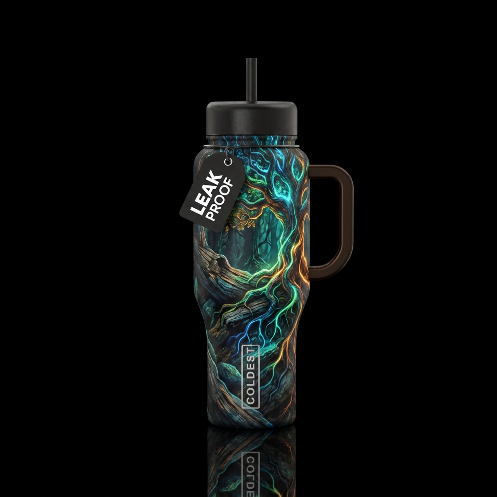 glowie, trees, luxurious, rustic, dark mood water bottle design