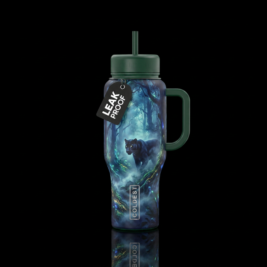 misty forest, panther, glowie, beautiul, vibrant, ... water bottle design