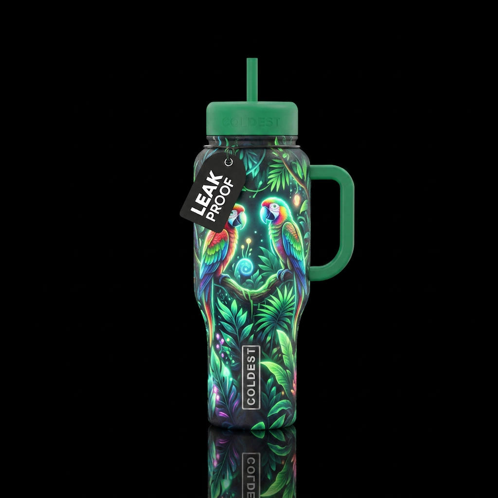 jungle, parrot, glowie, vibrant, magical water bottle design