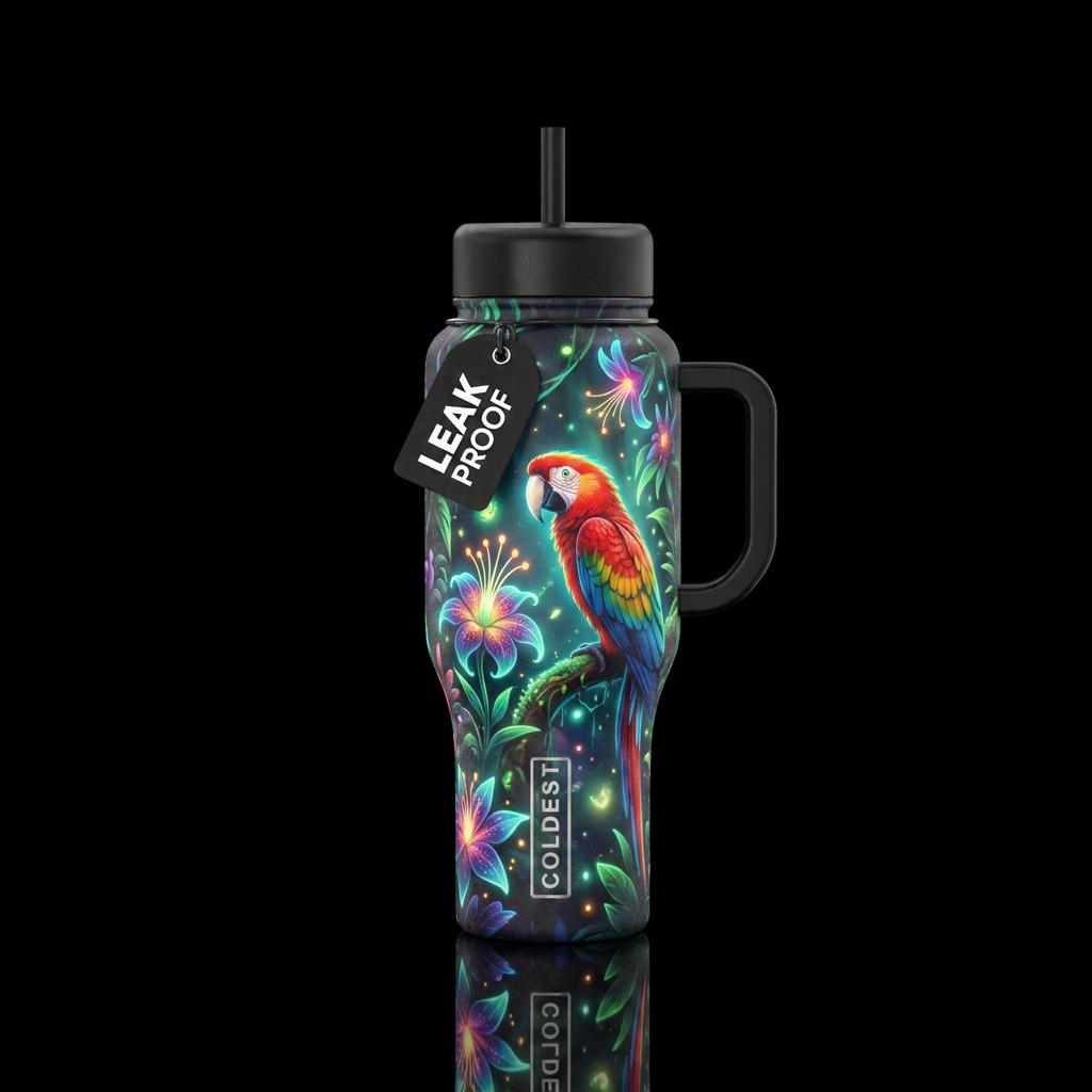 jungle, parrot, glowie, vibrant, magical water bottle design