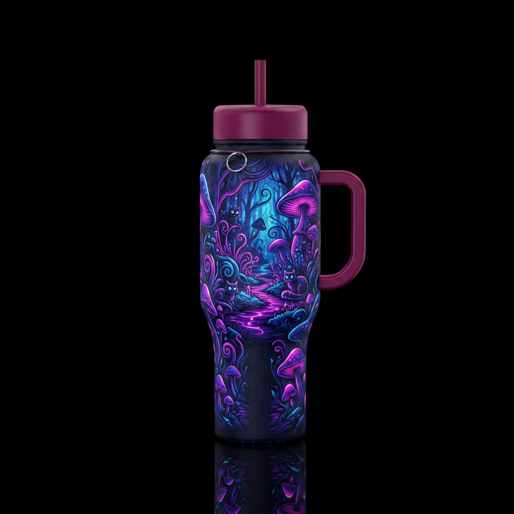 wonderland, glowie, bold, magical, vibrant, dark m... water bottle design