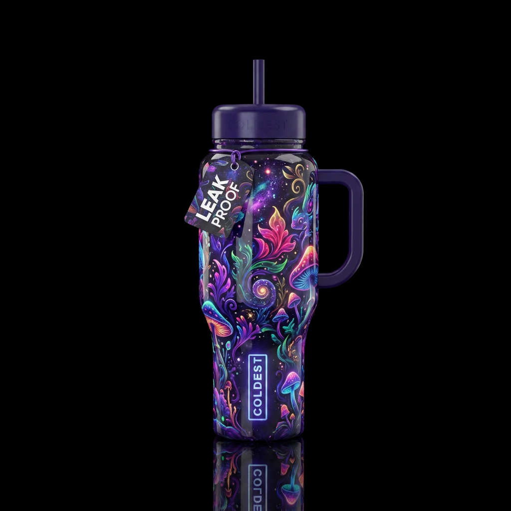 wonderland, glowie, bold, magical, vibrant, dark m... water bottle design