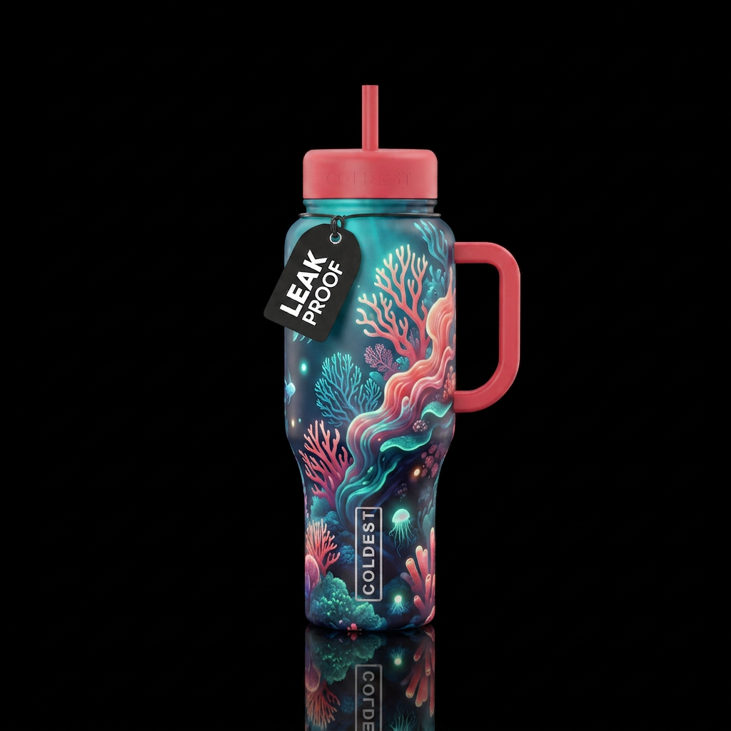 coral reef, flowing, glowie, magical, vibrant water bottle design