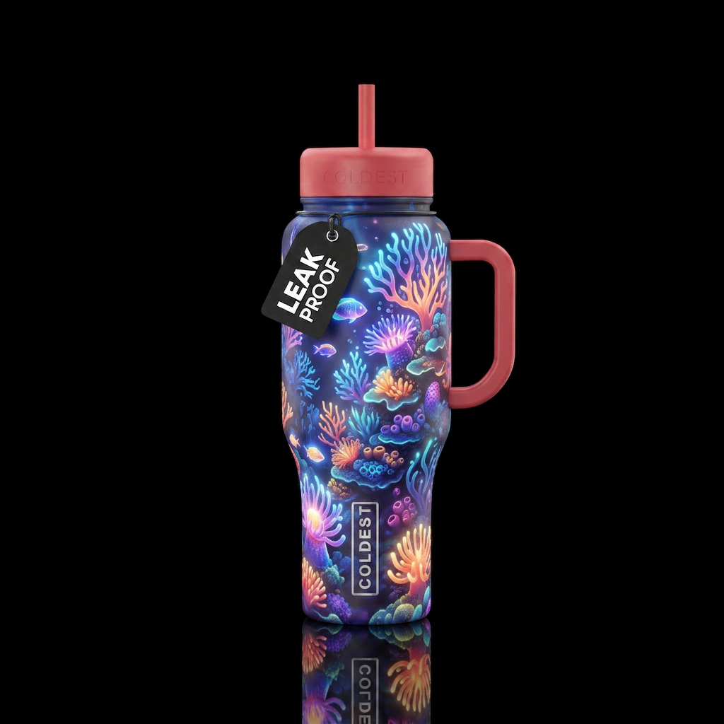 coral reef, flowing, glowie, magical, vibrant water bottle design